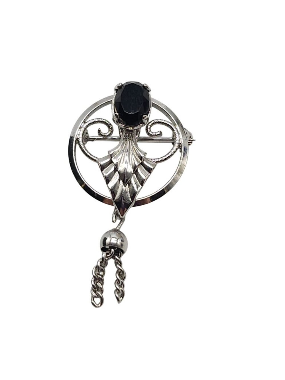 Wells Art Deco Black Onyx Sterling Silver Brooch With Dangling Chain Vintage
